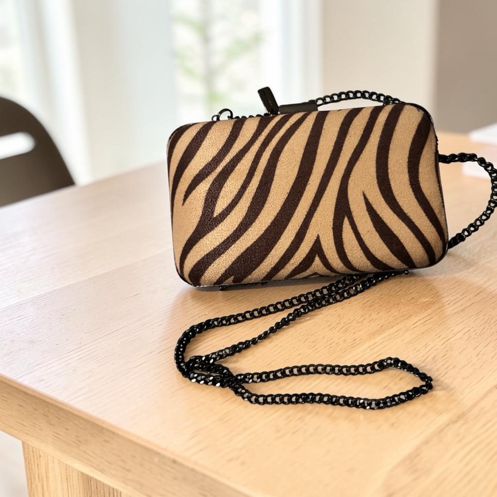 Nine West Zebra-Print Clutch in Brown and Cream with Black Chain